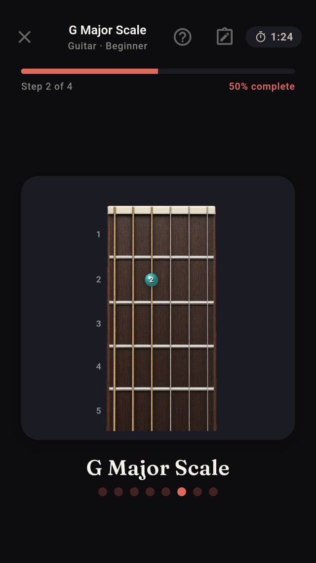 Guitar lesson — G major scale on an interactive fretboard