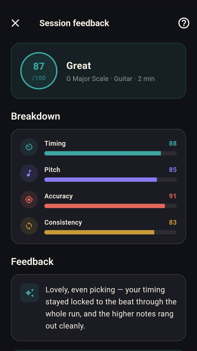 AI session feedback with timing, pitch, accuracy and consistency scores