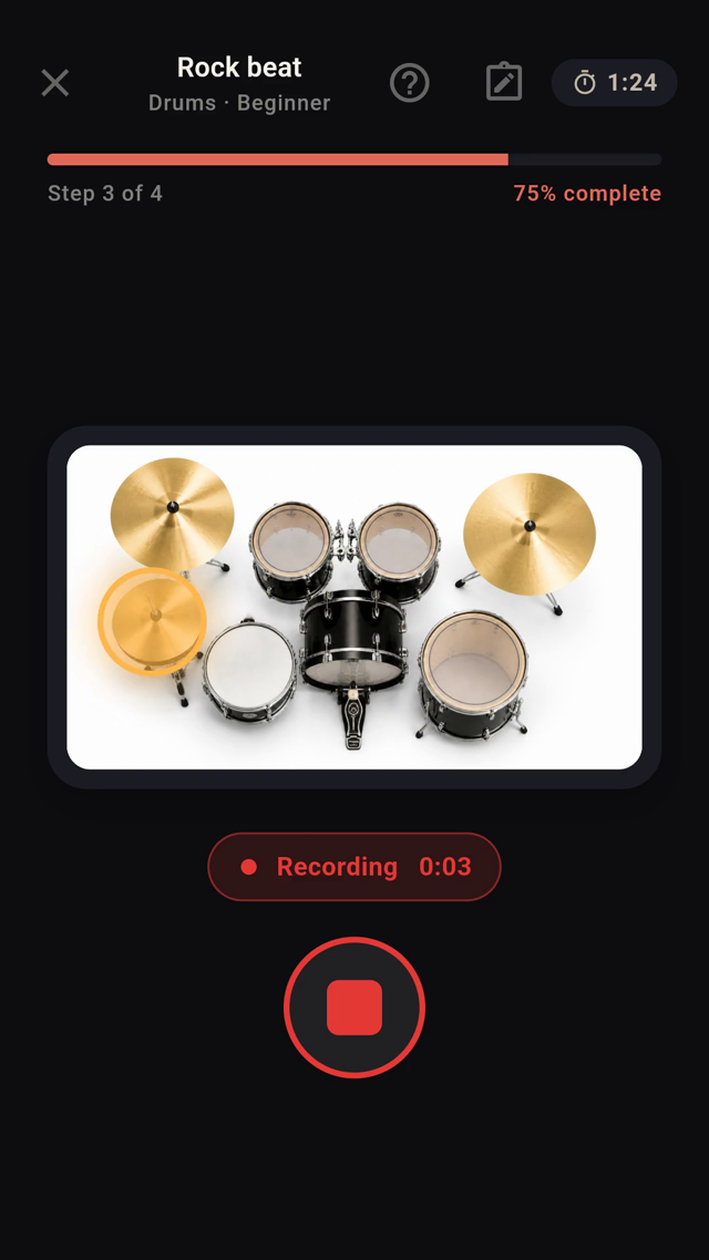 Drums lesson — top-down kit with a highlighted hi-hat