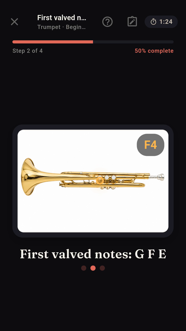Trumpet lesson — first valved notes with fingering guide