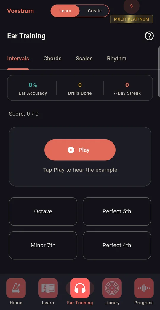 Ear Training on the Intervals tab: a Play button labelled 'Tap Play to hear the example' and four answer buttons: Octave, Perfect 5th, Minor 7th, Perfect 4th