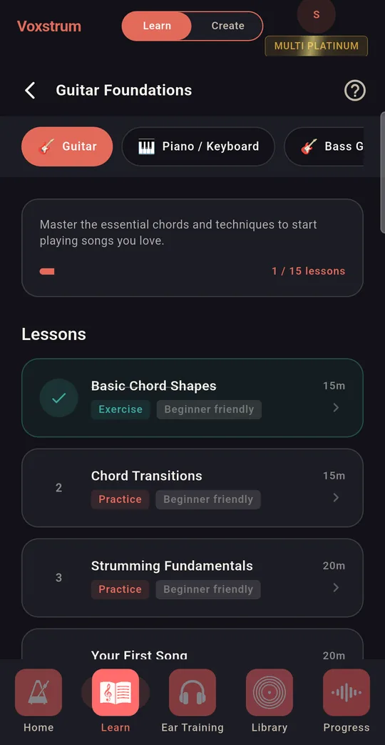 The Guitar Foundations lesson path: instrument chips, a progress card reading 1 of 15 lessons, and a lesson list starting with Basic Chord Shapes (ticked), Chord Transitions and Strumming Fundamentals