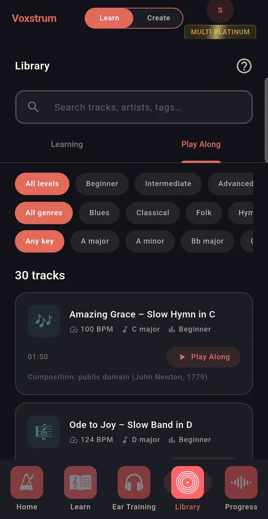 The Library's Play Along tab: level, genre and key filter pills, the heading 30 tracks, and cards for Amazing Grace (Slow Hymn in C, 100 BPM, Beginner) and Ode to Joy (Slow Band in D)
