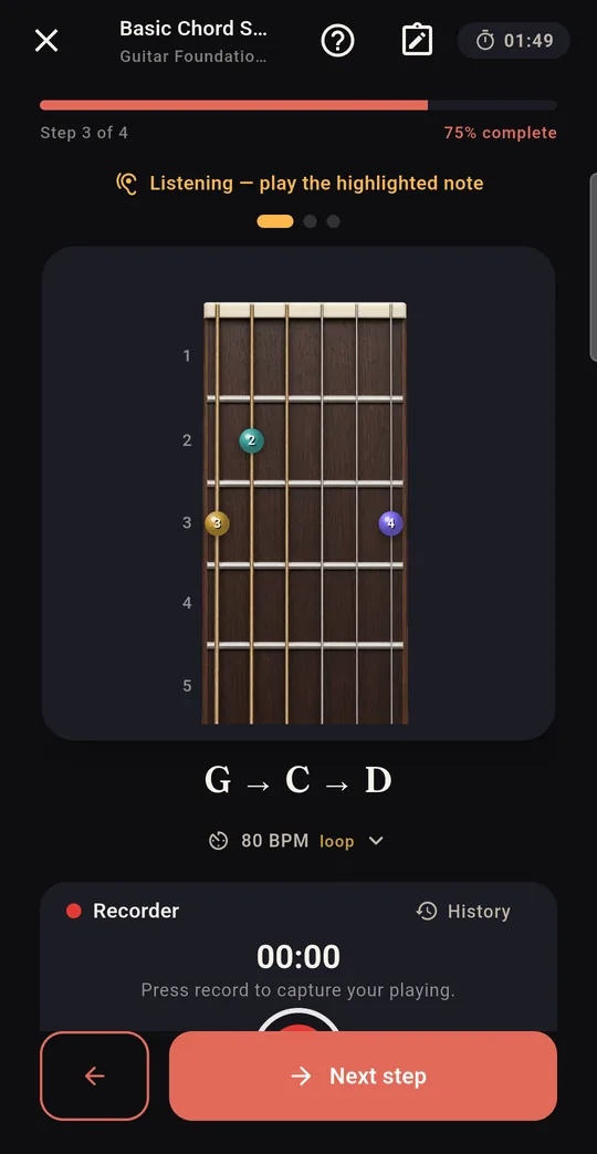 A guitar lesson at step 3 of 4 reading 'Listening — play the highlighted note' above a fretboard with numbered finger positions and the chord sequence G, C, D, with a Recorder panel at 00:00 below