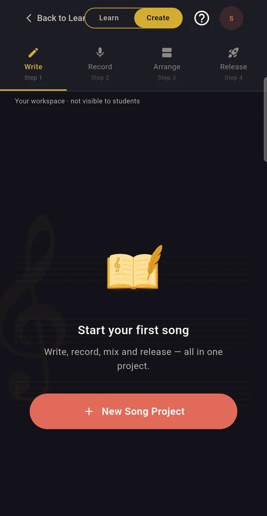 Studio in Create mode with four steps across the top, Write, Record, Arrange and Release, and a 'Start your first song' prompt above a New Song Project button